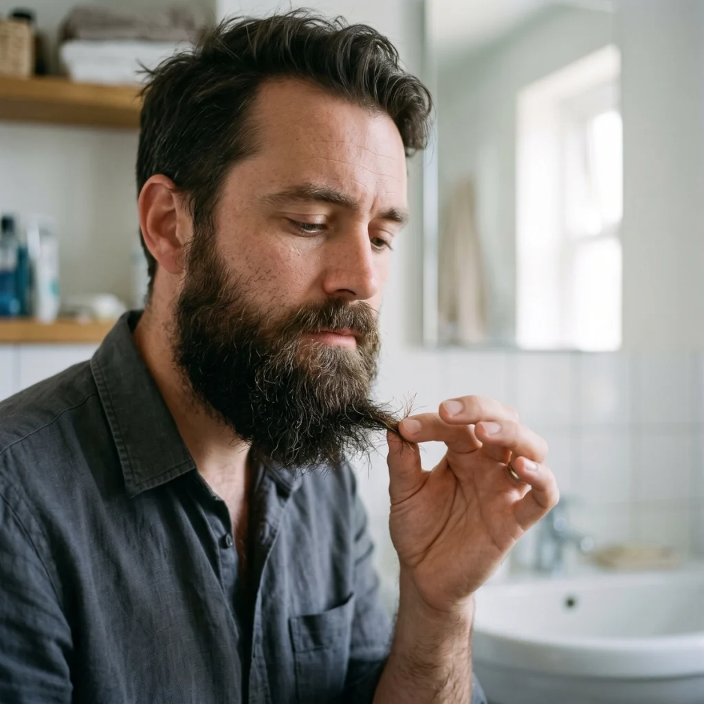 Man checking rough beard ends that keep snagging after detangling