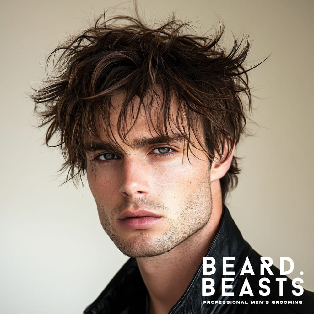 A young man with tousled, messy straight hair styled in the bedhead look, giving a naturally unkempt yet stylish appearance. His textured layers create volume and movement, with strands falling casually over his forehead. He has a strong jawline, piercing blue eyes, and light stubble, enhancing the rugged and effortless aesthetic. Wearing a black leather jacket against a neutral background, he embodies a modern and edgy men’s messy hairstyle