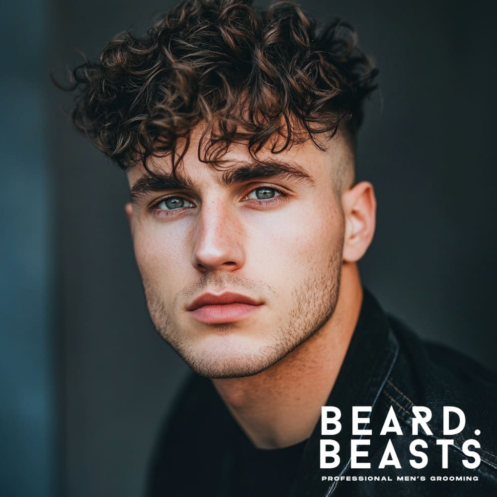 A young man with thick, naturally curly hair styled with volume and definition, paired with a clean, sharp fade on the sides. The curls have a textured, slightly tousled look, adding movement and dimension to the hairstyle. His defined facial features, including piercing blue eyes and a light stubble, enhance the modern and stylish appeal. He is wearing a black denim jacket, complementing the bold yet effortless aesthetic.
