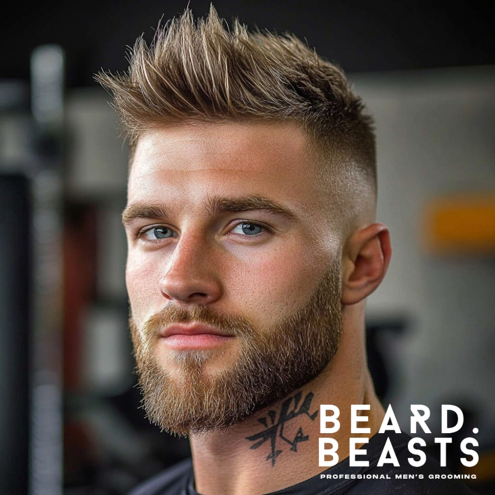 A confident young man with a Faux Hawk, featuring a textured, spiked top styled upwards towards the center for a bold, structured look. The high fade on the sides creates a sharp contrast, emphasizing the longer, voluminous top. His well-groomed beard complements the edgy hairstyle, adding to the rugged yet polished appearance. He has a defined jawline and a tattoo on his neck, further enhancing his modern and masculine aesthetic.