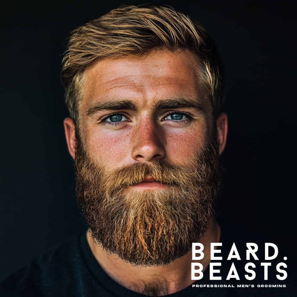 A well-groomed full beard with a rounded finish on a man with a triangle face shape, featuring a wide jawline and a narrow forehead. The beard is thick, evenly shaped, and softly contoured, complementing his strong facial structure while balancing proportions. His blonde beard and mustache blend seamlessly, with a natural yet polished look. Perfect for showcasing the best beard styles for a triangle face shape.