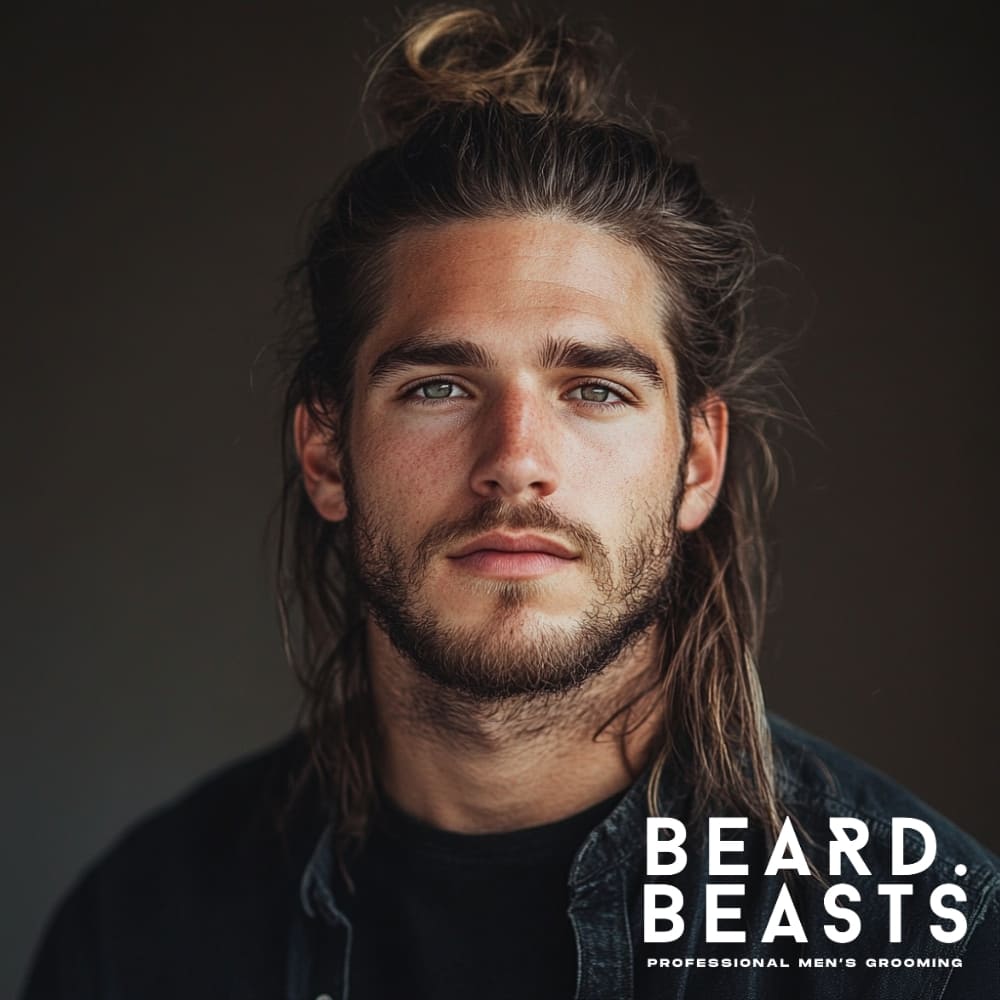 A ruggedly handsome man with long, straight hair styled in a half-up messy bun, giving a relaxed yet structured look. The top section is loosely tied into a bun, with a few strands escaping naturally, while the rest of his hair flows freely over his shoulders. His light beard and piercing blue eyes enhance the effortless, masculine aesthetic. Wearing a black denim jacket over a dark shirt, he exudes a modern, laid-back vibe.