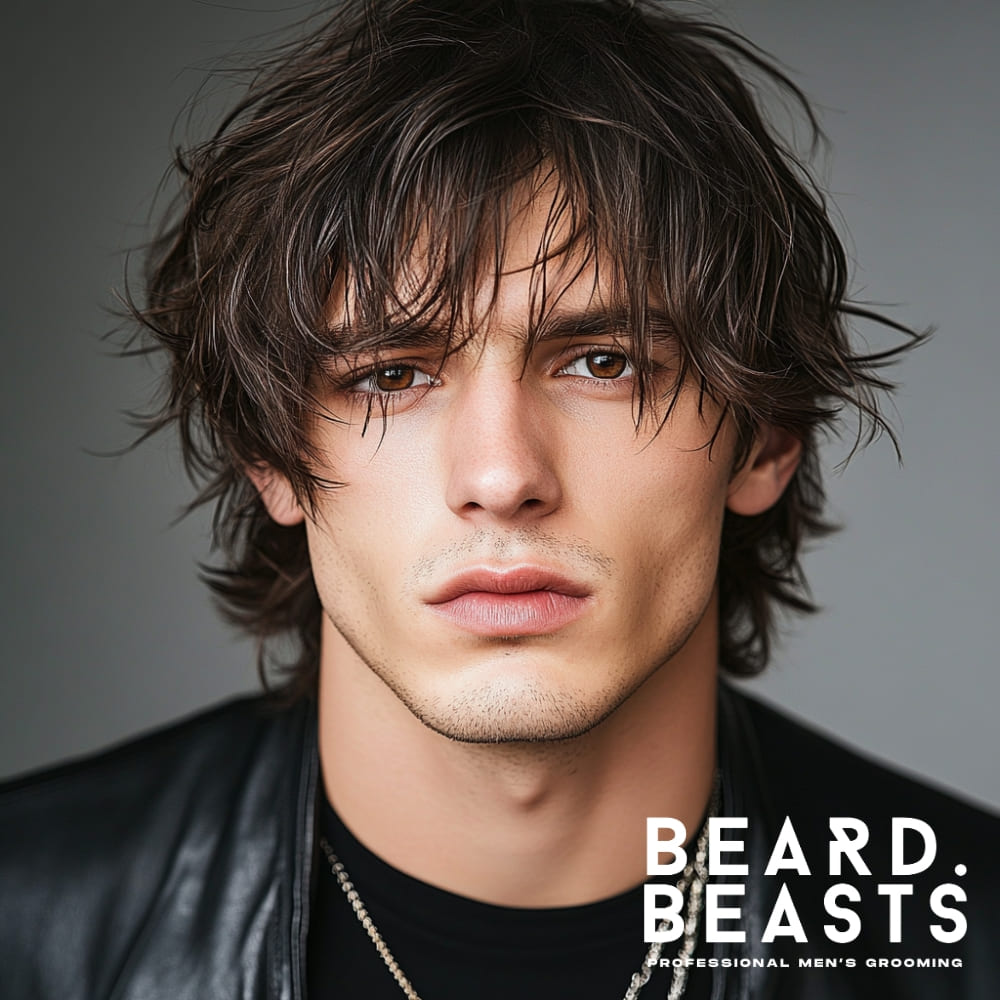 A young man with medium-length styled in a layered shag hairstyle, featuring choppy, textured layers that create a natural, messy, and rock-inspired look. His tousled fringe falls effortlessly over his forehead, while the flicked-out ends add to the relaxed, edgy aesthetic. He wears a black leather jacket and a silver chain necklace, reinforcing the rebellious, rock-and-roll vibe. His intense gaze and slightly parted lips enhance the effortlessly cool expression.