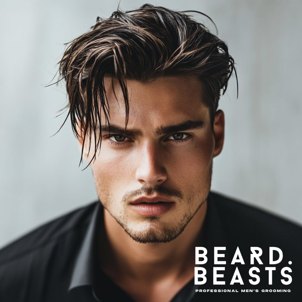 Medium-length flow haircut for men with a messy, textured style and natural movement. This stylish men’s hairstyle features layered, tousled straight hair with a slightly damp finish for an effortless, modern look. The relaxed, side-swept strands add volume and depth, making it a great choice for those seeking a natural yet refined messy hairstyle. Ideal for men who want a versatile, low-maintenance haircut with a touch of sophistication.