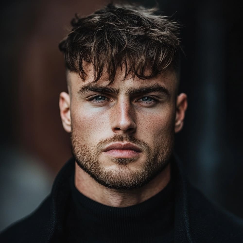 A stylish man with medium stubble that enhances his triangle face shape, featuring a wide jawline and a narrow forehead. The 3-5mm stubble is evenly trimmed, defining his jawline, chin, and upper lip while maintaining a natural yet structured look. His sharp cheek lines and clean neckline add a polished touch, making this beard style ideal for balancing strong facial features. The textured, messy fringe haircut complements the stubble, creating a modern and masculine appearance. The moody background and dark turtleneck outfit enhance the sophisticated, confident aesthetic, perfect for showcasing the best beard styles for a triangle face shape.