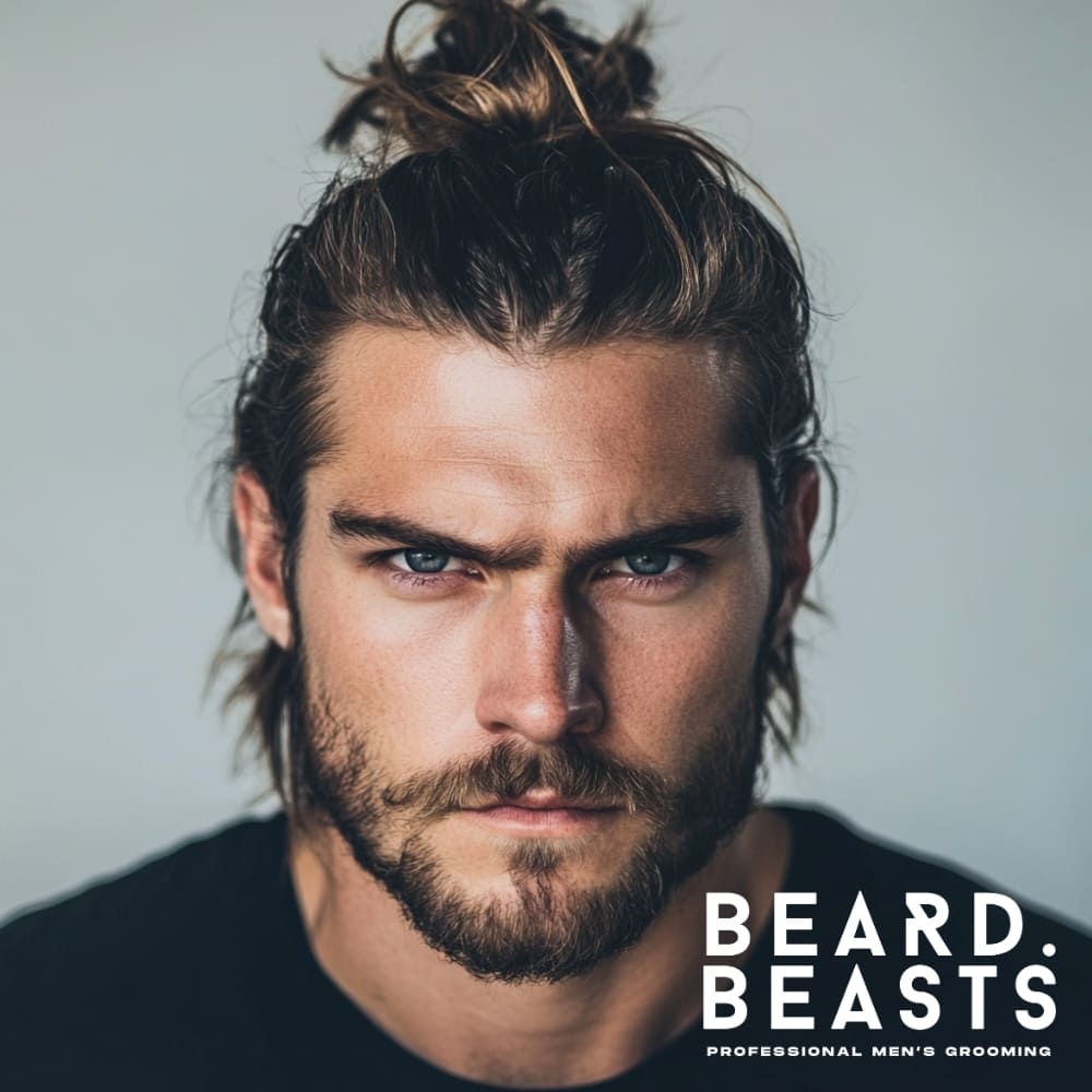A rugged and stylish man with a messy man bun, featuring straight, textured hair loosely tied at the top with natural strands framing his face. His intense gaze and well-groomed beard enhance the masculine, effortless look. Wearing a black t-shirt, he exudes a modern, confident vibe.
