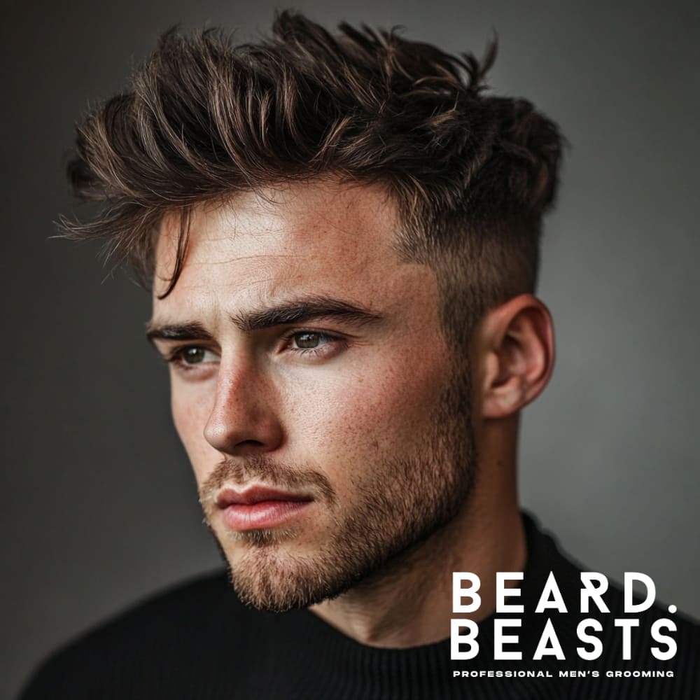 Messy quiff haircut for men with straight hair, featuring a textured, voluminous top and a tapered fade. Styled for a natural, effortless look, this modern men's hairstyle enhances movement and definition. Ideal for those seeking a stylish, yet relaxed quiff with a touch of rugged sophistication.