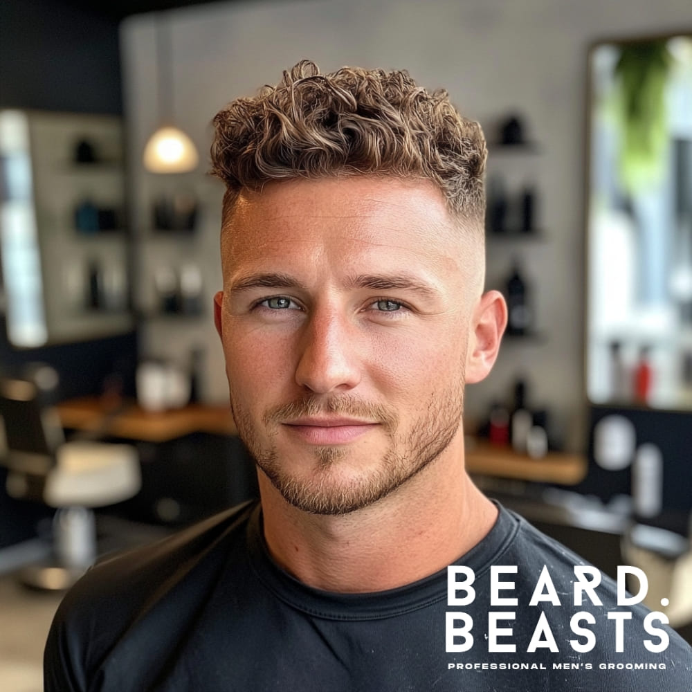 A stylish man with naturally well-defined curls on top and a clean, gradual fade on the sides. The curls have a voluminous, textured look with a subtle shine, enhancing their natural shape and movement. The fade creates a sharp contrast, keeping the haircut structured and modern. He has a light beard, complementing the hairstyle with a well-groomed and polished appearance. The setting is a contemporary barbershop with a relaxed atmosphere, reinforcing the premium grooming style associated with Beard Beasts.
