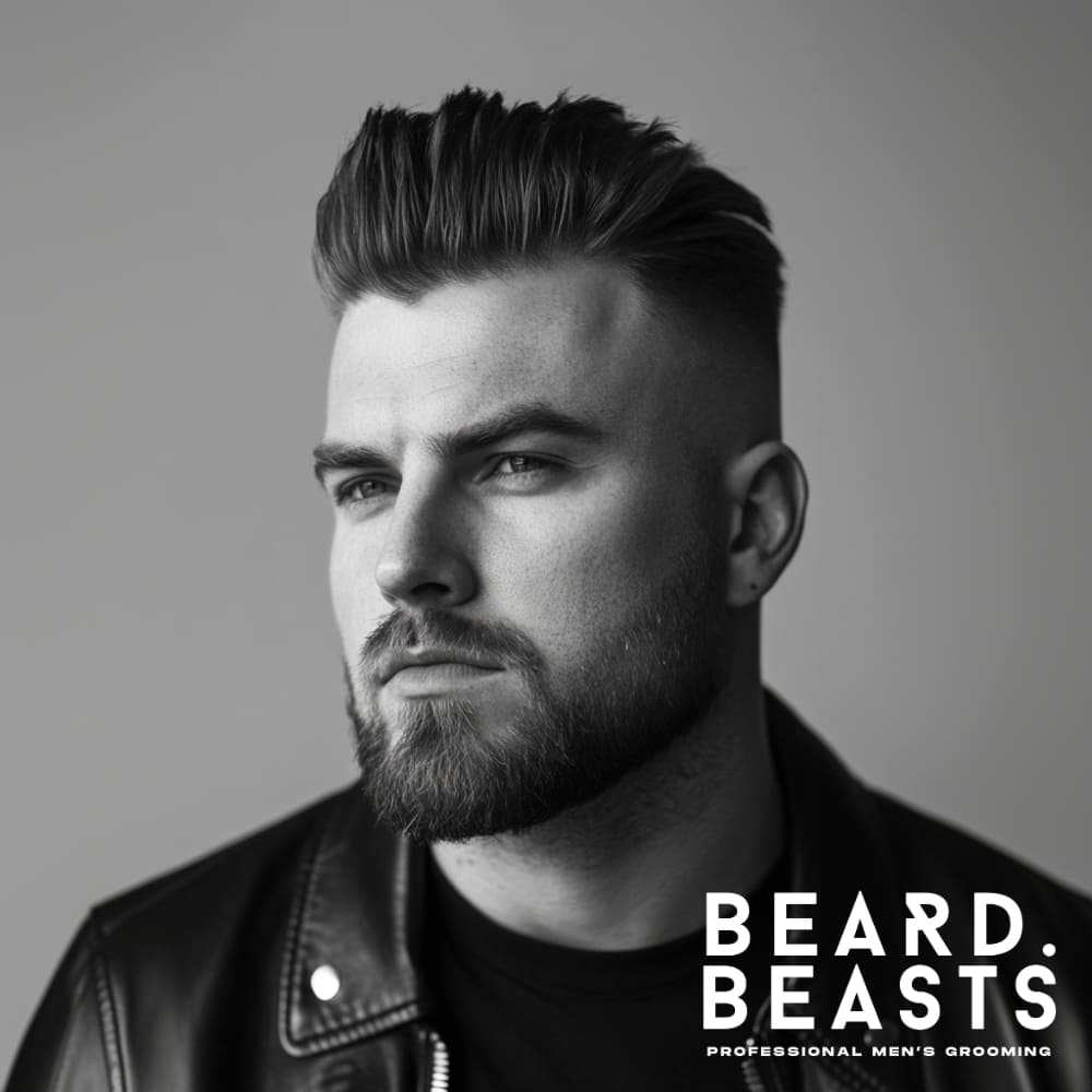 A confident man with a Pompadour Skin Fade Undercut, featuring a voluminous, neatly styled top that is swept back with a matte finish. The high skin fade on the sides creates a sharp contrast, giving the hairstyle a structured and modern appeal. His well-groomed beard enhances the strong, masculine look, complementing the bold hairstyle. He is wearing a black leather jacket, adding to the edgy yet refined aesthetic.