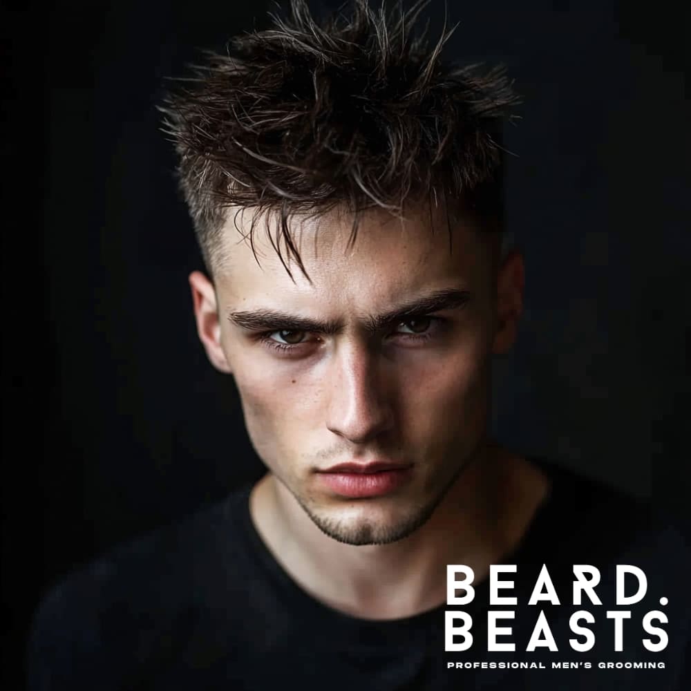 Short spiky haircut for men with a textured, messy finish and a faded undercut. Styled for a bold and edgy look, this modern men's hairstyle enhances volume and definition while keeping the sides clean and sharp. Ideal for those seeking a stylish yet effortless spiky hairstyle.