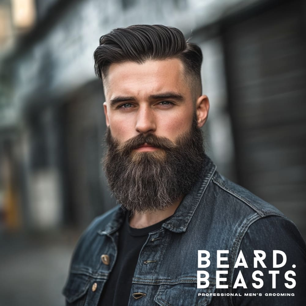 A stylish man with a Side-Part Skin Fade Undercut, featuring a neatly combed top with a defined side part and a smooth, voluminous finish. The clean skin fade on the sides creates a sharp contrast, giving the hairstyle a structured and polished appearance. His thick, full beard enhances the rugged yet refined look, complementing the well-groomed haircut. He is wearing a black denim jacket, standing in an urban setting with a blurred background that adds depth to the image.