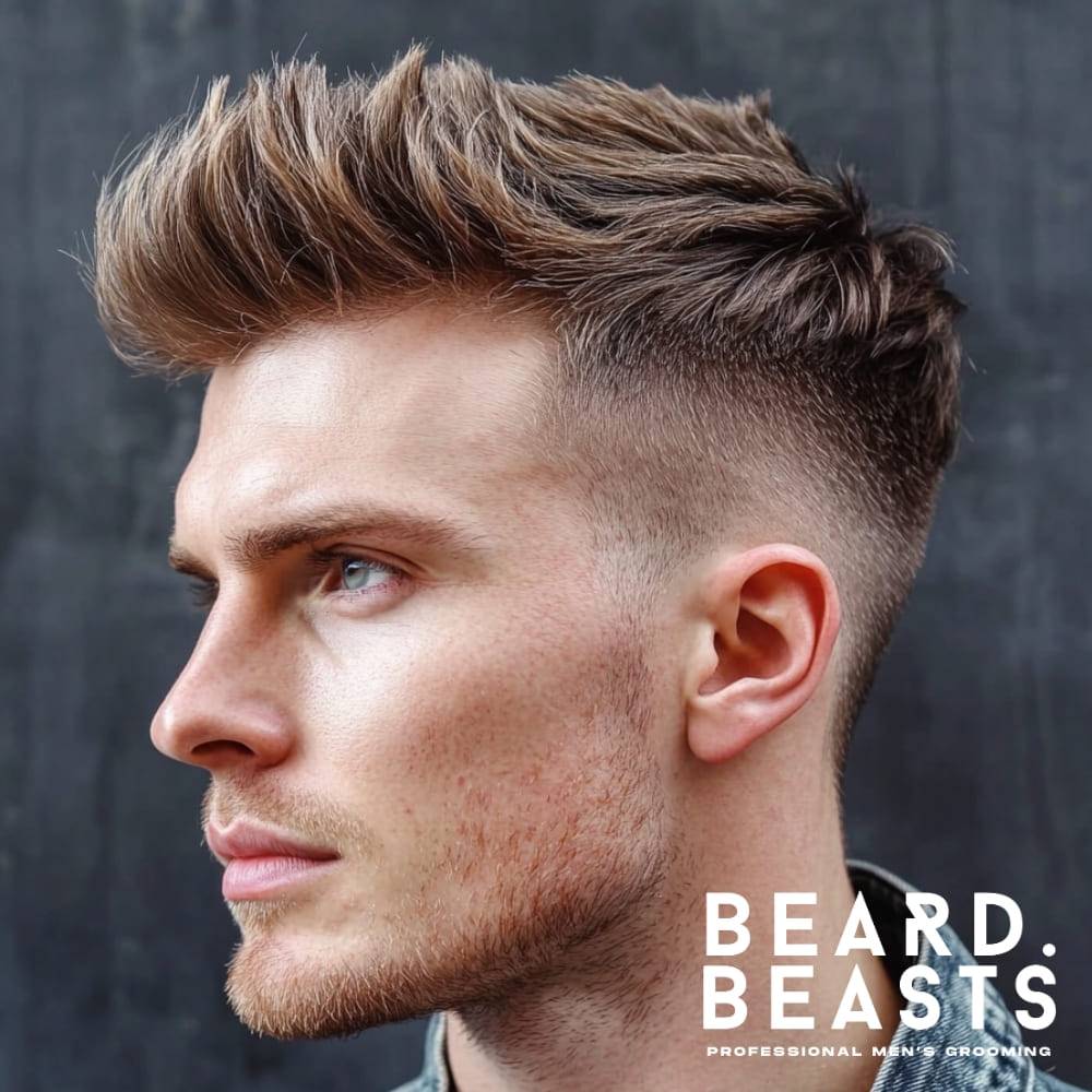 A stylish young man with a Skin Fade Undercut with a Quiff, featuring a voluminous, textured top styled upwards and slightly back. The high skin fade seamlessly tapers down to the skin, creating a sharp contrast with the longer hair on top. His well-groomed stubble complements the structured haircut, enhancing the clean and modern aesthetic. The background is dark and slightly blurred, making the hairstyle stand out prominently.