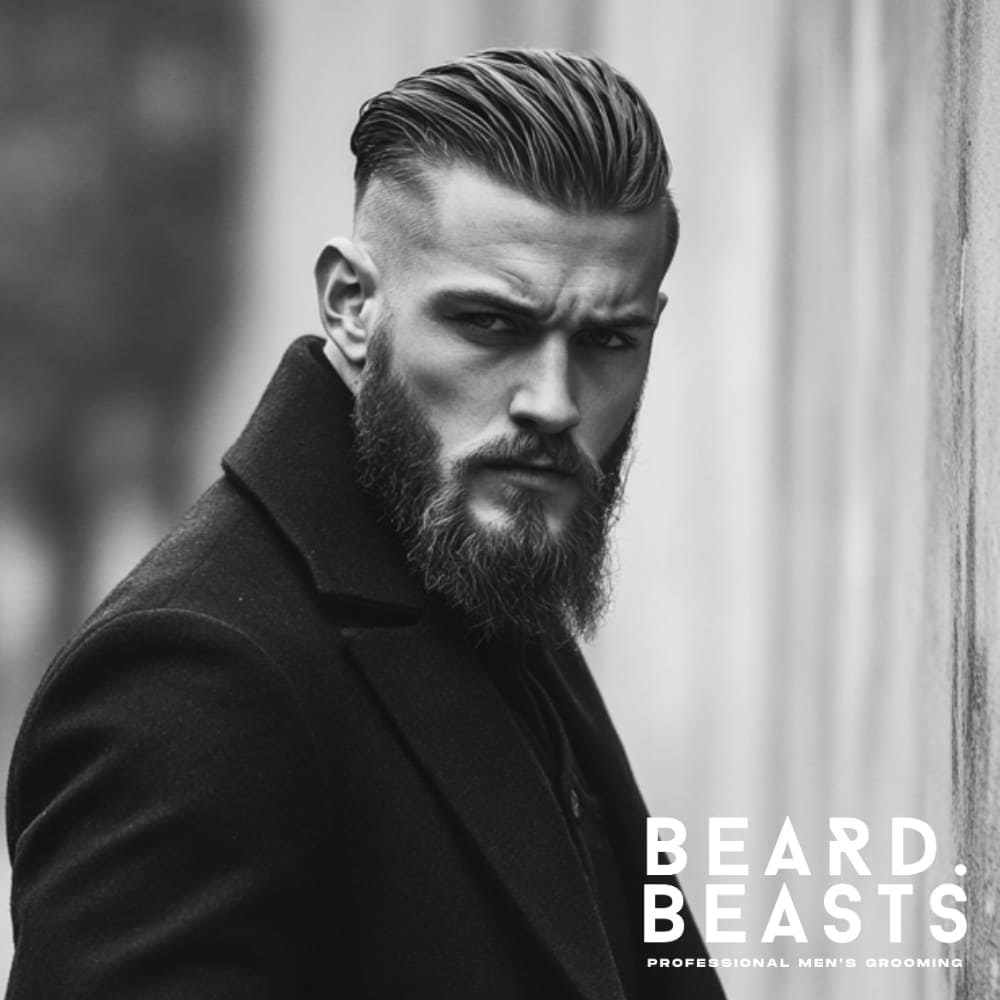 A strong, confident man with a Slicked-Back Skin Fade Undercut, featuring neatly combed-back hair styled with a glossy pomade for a sleek, structured finish. The skin fade on the sides creates a sharp contrast, emphasizing the clean and polished look of the slicked-back top. His thick, full beard adds a bold and rugged edge, complementing the refined hairstyle. The image is in black and white, enhancing the dramatic lighting and textures of his hair, beard, and tailored black coat.