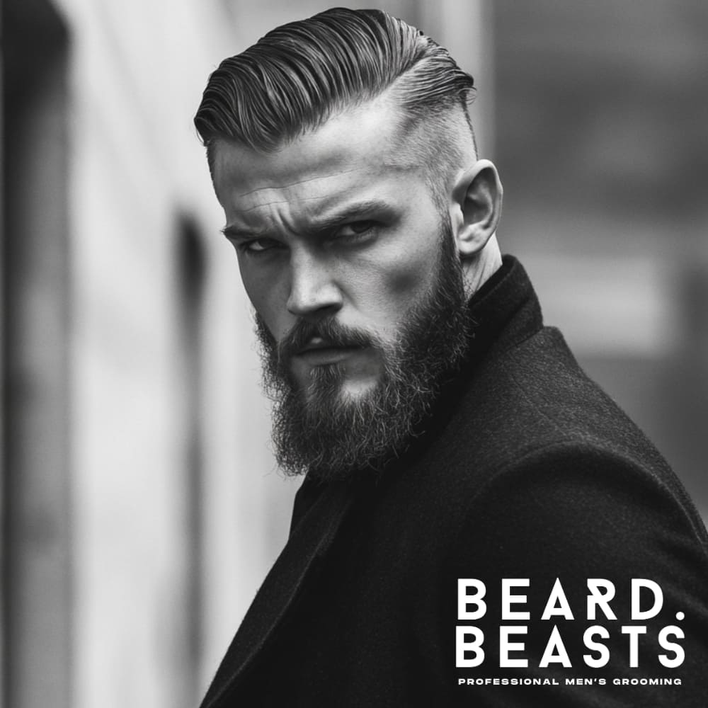 Black and white portrait of a man with a slicked back side part and a tapered undercut, styled with precision for a bold and masculine look. His neatly groomed full beard adds to the rugged yet sophisticated aesthetic. The slicked-back hair features a defined part and a smooth, controlled finish, achieved with high-quality styling products.