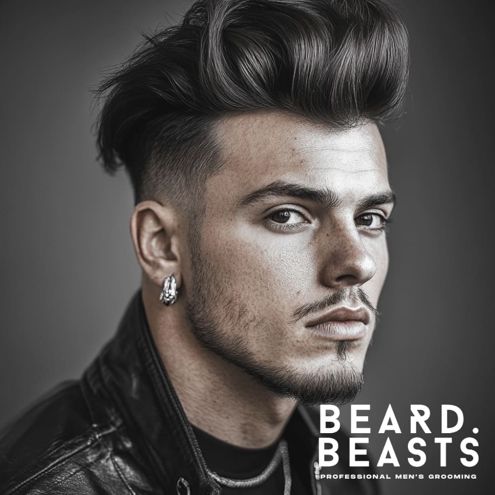 A stylish young man with an undercut with a textured pompadour, creating a bold, modern look. The high fade on the sides contrasts sharply with the voluminous, lifted top, which has a structured yet slightly tousled texture. His well-groomed facial hair, piercing gaze, and edgy accessories, including silver earrings and a black leather jacket, enhance the rebellious yet sophisticated aesthetic