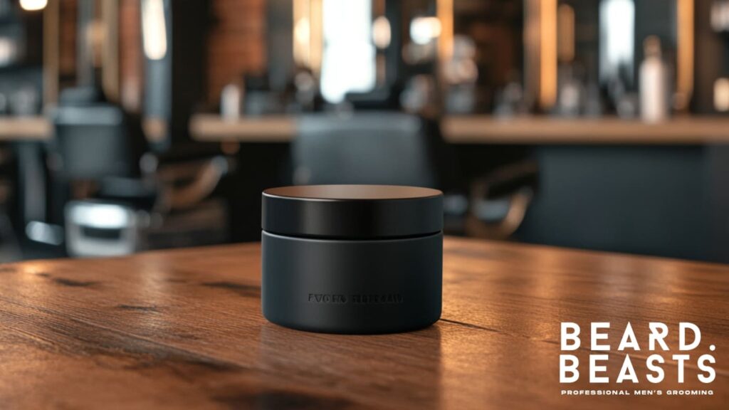 A sleek black tin of hair pomade rests on a polished wooden table in a modern barbershop. The background features blurred barber chairs, mirrors, and grooming tools, creating a professional and stylish atmosphere. Learn how to get pomade out of your hair with the right techniques for effective removal and healthy hair care.