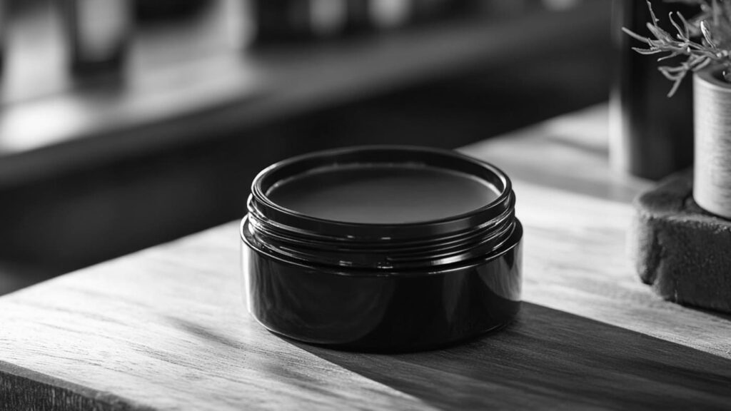 A black, open container of pomade sits on a wooden surface, surrounded by grooming essentials. The smooth texture of the pomade is visible inside the jar, reflecting soft light. The background is slightly blurred, giving a barbershop or grooming station aesthetic. The monochrome color scheme adds a classic, sophisticated feel.