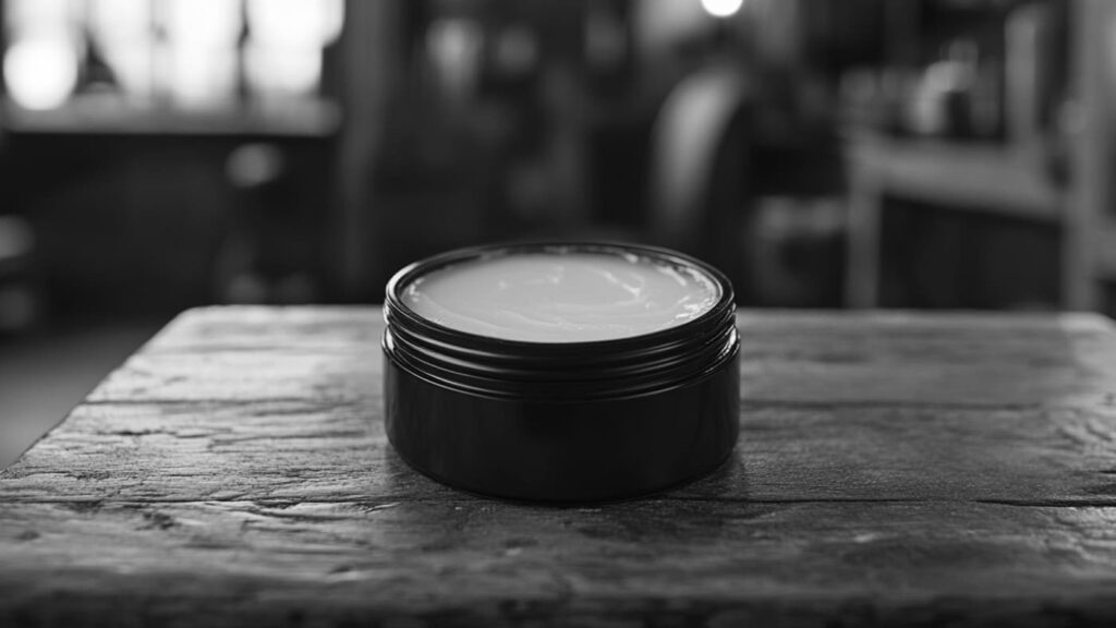 An open black container of pomade sits on a rustic wooden table, its smooth, creamy texture catching the light. The blurred background suggests a barbershop or grooming space, reinforcing the product’s connection to classic men’s hairstyling. The monochrome tone adds a timeless, sophisticated feel, highlighting the quality of the pomade. Used for creating structured or textured styles, pomade is a versatile styling product that offers control and flexibility without stiffness.