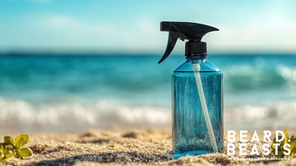 A transparent blue spray bottle sits on golden sand with fine grains clinging to its surface, positioned in front of a blurred ocean backdrop with gentle waves under a clear blue sky. The bottle represents sea salt hair spray, evoking a fresh, beach-inspired aesthetic. In the lower right corner, the