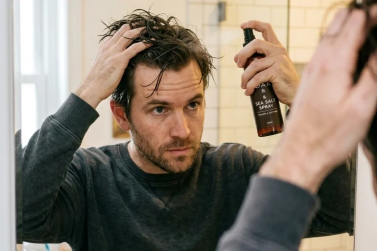 Man applying sea salt hair spray in the mirror to add texture, volume, and shape to his hairstyle.