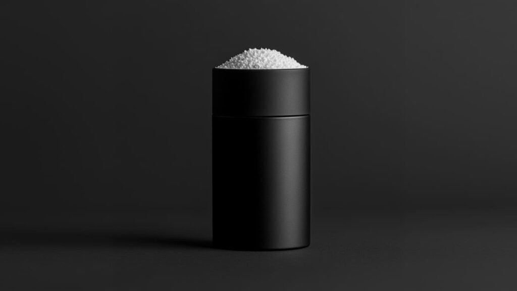 Black styling powder container with fine white powder visible on top, set against a dark background. A men's hair product designed for volume and texture.