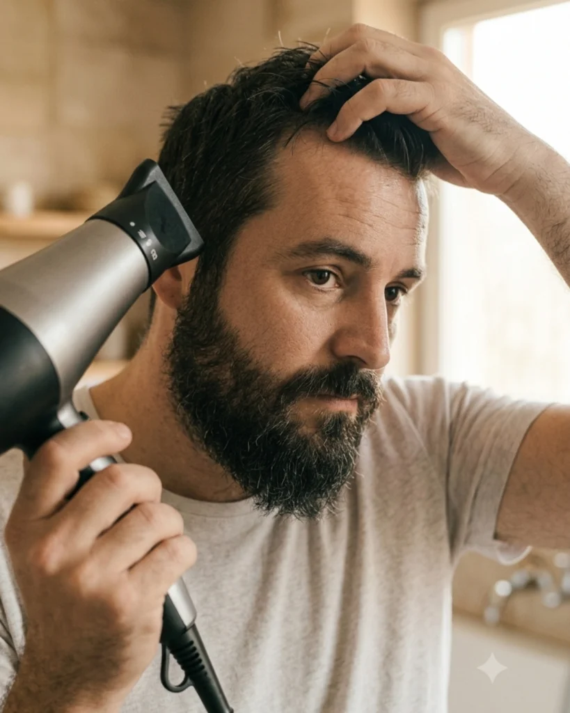 Man lifting and blow-drying his roots before applying hair clay