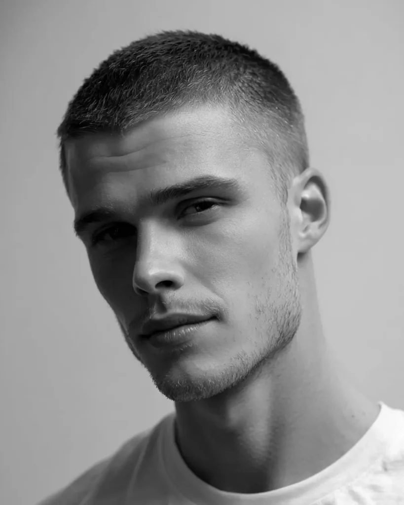 classic crew cut haircut on a young man with tapered sides and short textured top