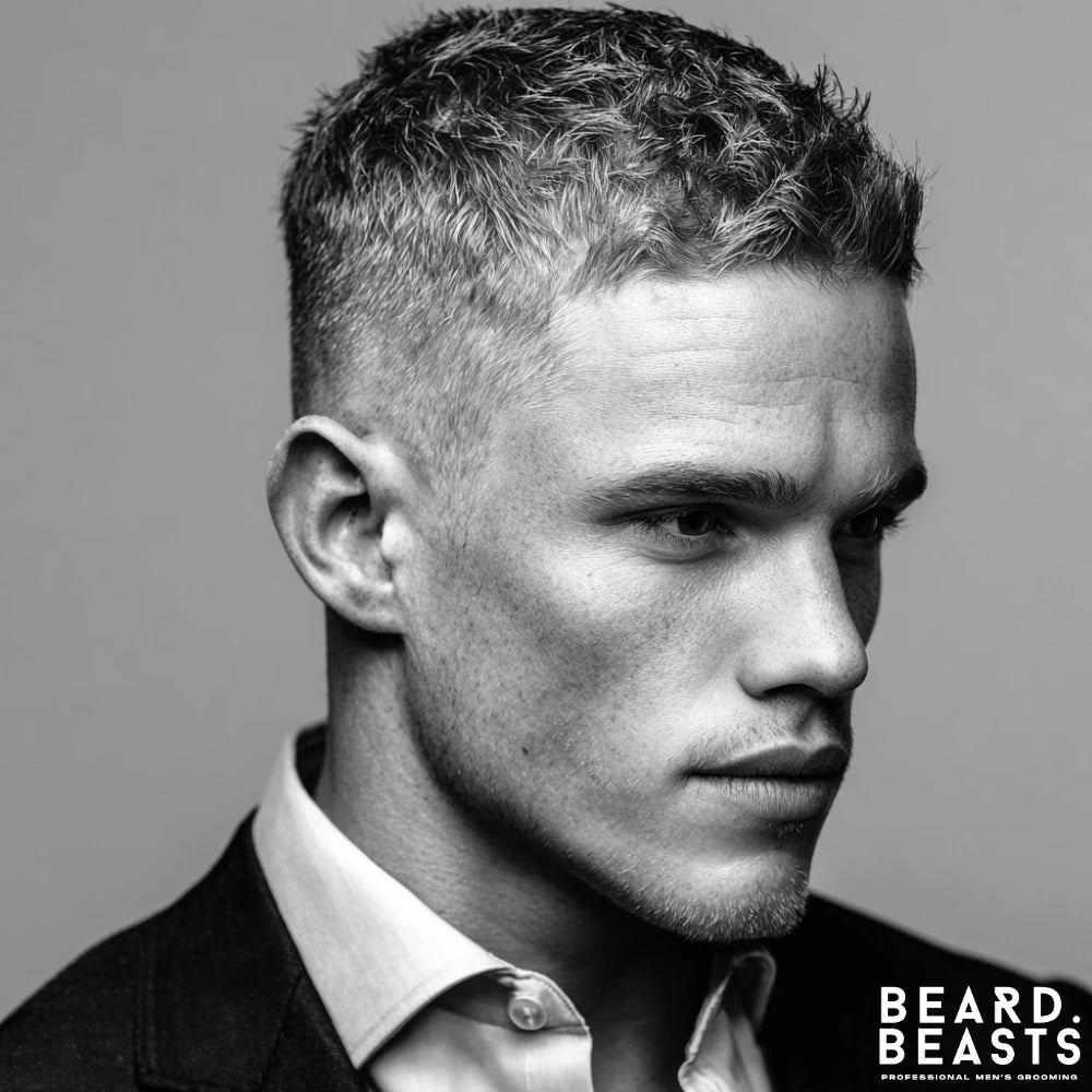 Man with a crew cut hairstyle featuring added texture styled with hair clay