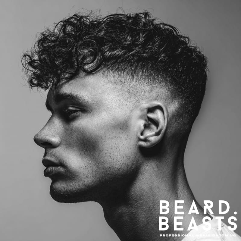 Curly high fade fringe haircut for men, featuring natural curls on top with clean faded sides for a bold, structured look.