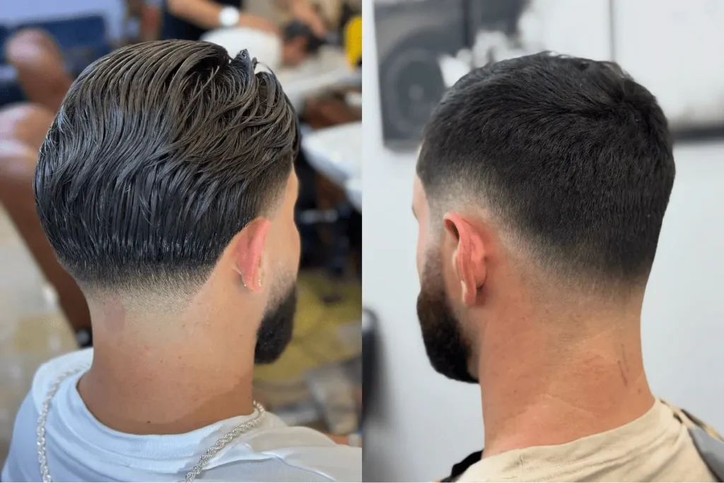 Drop fade vs taper fade comparison showing the difference in shape around the ear and neckline