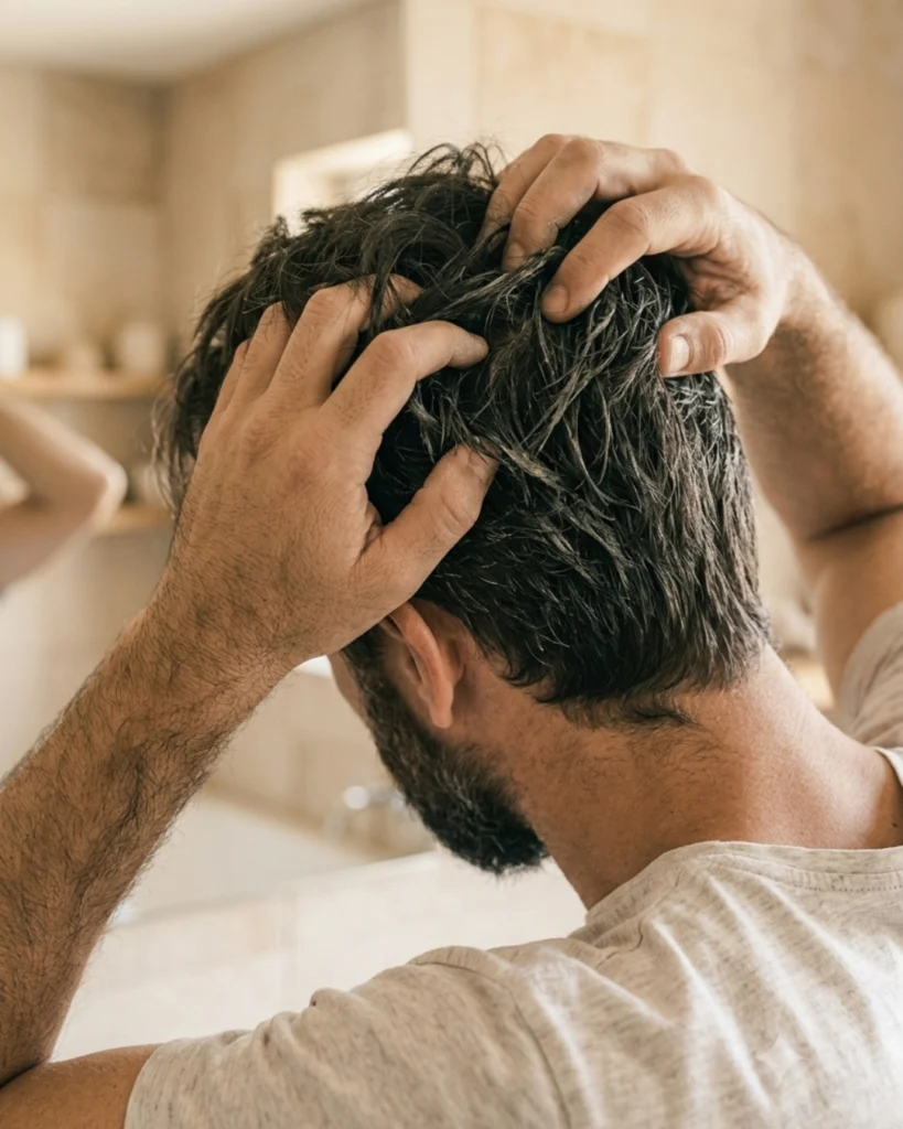 Man working through hair that looks wet and overloaded with styling product