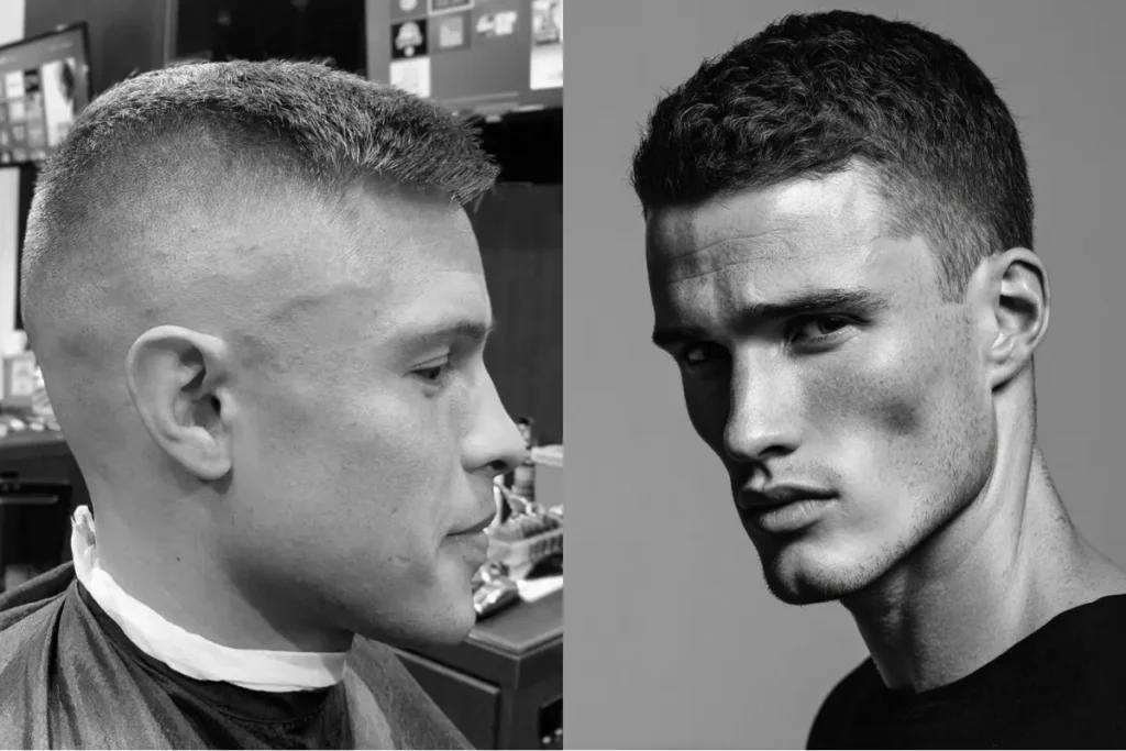 high and tight vs crew cut comparison showing hard fade line on left and tapered crew cut on right