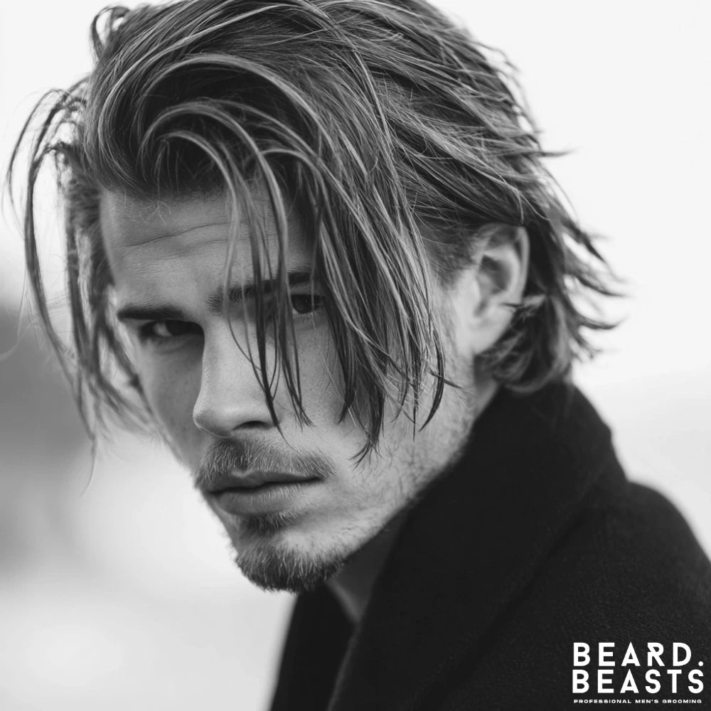 Man with a layered flow hairstyle styled with hair clay for natural movement and definition