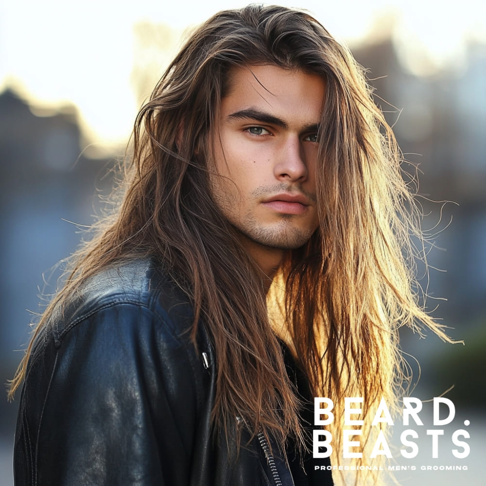 A stylish young man with long, messy straight hair, wearing a black leather jacket in an urban outdoor setting. His tousled hair flows naturally, creating a rugged and effortlessly cool look. The golden sunlight highlights the texture and movement of his long straight hairstyle, making it a perfect inspiration for men’s messy hairstyles.