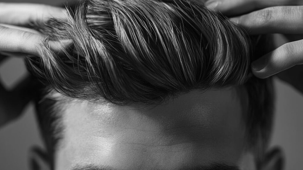 A close-up shot of a man styling his hair, running his fingers through thick, well-groomed strands. The texture and shine of his hair are emphasized, highlighting the effects of a quality styling product like pomade. The monochrome color scheme enhances the details, showcasing definition and movement in the hairstyle. This image captures the essence of modern men's grooming, focusing on precision and style.