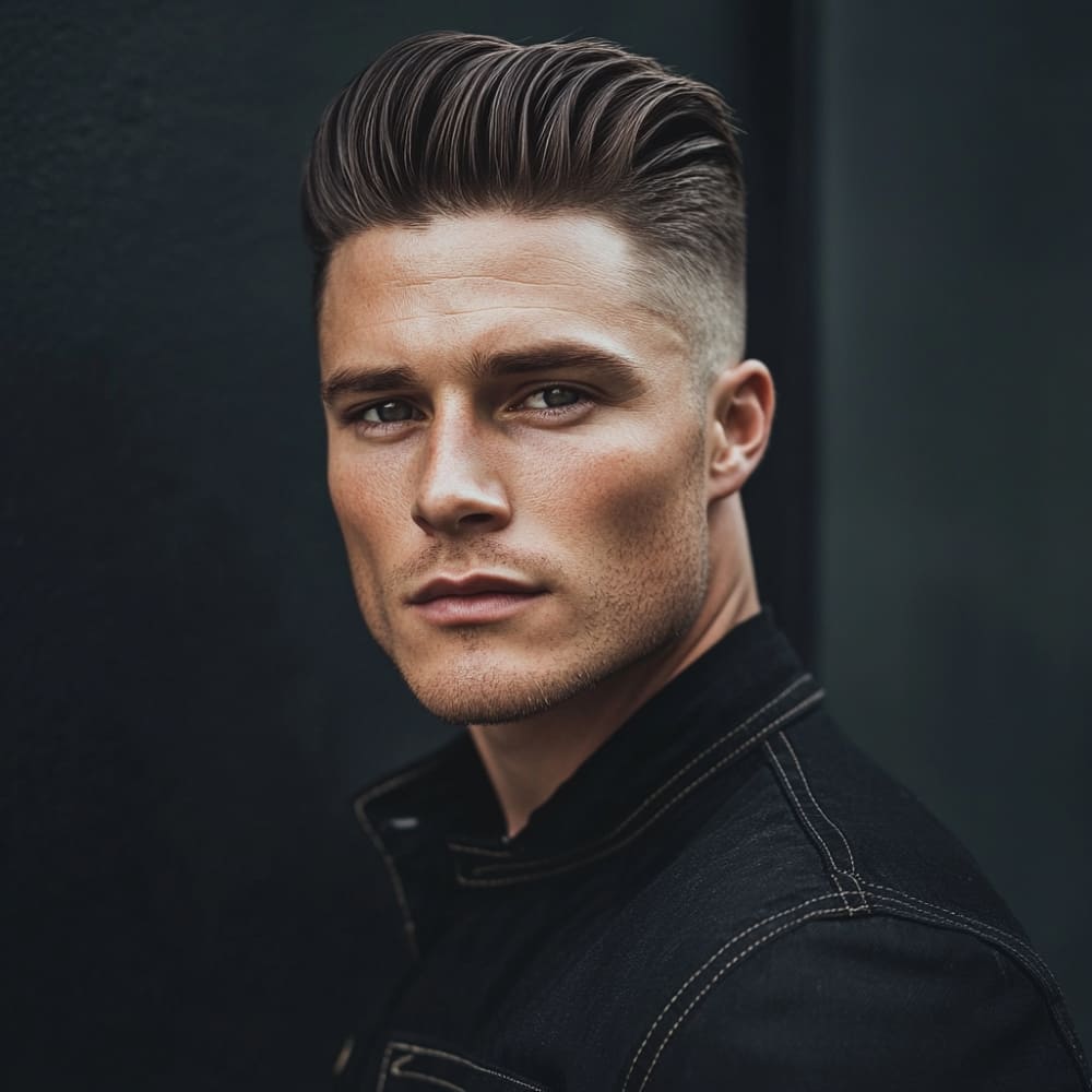 2025 Classic Pompadour Undercut: 4-inch glossy sweepback (high-shine pomade) with #0000 blade skin fade transitioning to #2 guard at parietal ridge. Model's 5-day stubble (0.8mm) complements the black denim jacket styling. Professional barber technique showcase with 3-point lighting emphasizing the 45-degree weight line and graduated bulk.