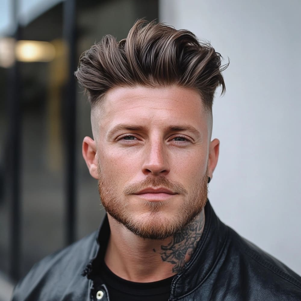 Portrait of a stylish man with a disconnected undercut pompadour, featuring a voluminous, textured top styled with a modern, tousled finish. The sides are sharply shaved in a bold, disconnected undercut, creating a striking contrast with the longer hair on top. The man has a well-groomed beard, a visible neck tattoo, and is dressed in a black leather jacket, exuding an edgy and contemporary aesthetic. The background is softly blurred, emphasizing the hairstyle's dynamic texture and bold definition. A perfect representation of a modern men’s hairstyle with attitude and individuality.