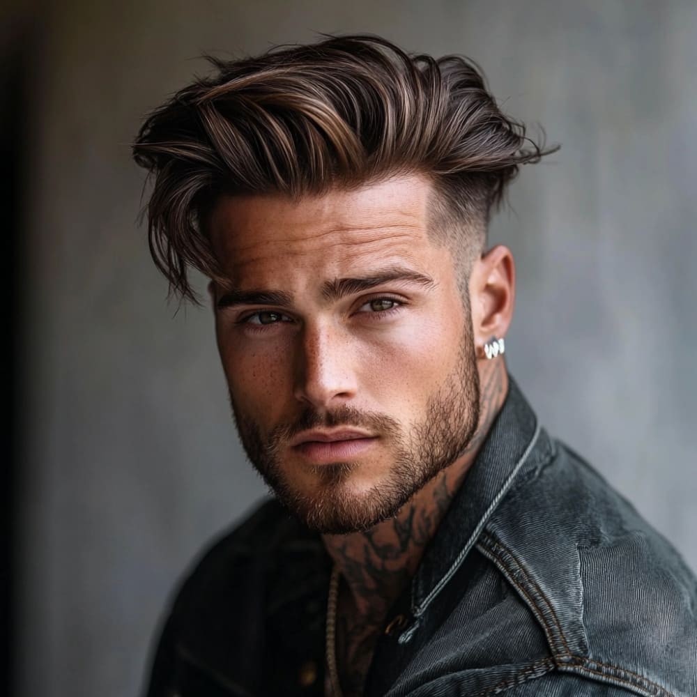 Portrait of a stylish man with a textured undercut pompadour, featuring voluminous, layered hair on top styled with a tousled, natural finish. The sides are cleanly faded into a sharp undercut, creating a bold contrast that highlights the textured top. The man has a well-groomed beard, subtle freckles, and wears a denim jacket with visible tattoos and earrings, exuding a modern and edgy aesthetic. The softly blurred background enhances the focus on the hairstyle's dynamic texture and relaxed style. A perfect representation of a contemporary men's hairstyle with effortless sophistication