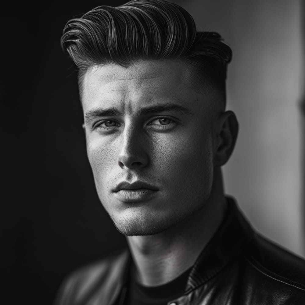 2025 Men's Pompadour Undercut: Black-and-white portrait showcasing 3-inch voluminous sweepback (using matte pomade) with #00000 skin fade transition. Model's 8mm beard fades into #1 guard at sideburns, styled with leather jacket against bokeh background - demonstrating modern retro barbering techniques