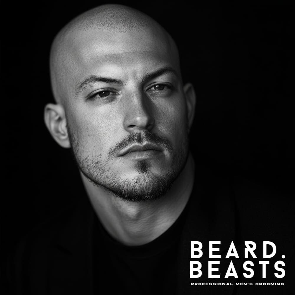 Black and white portrait of a confident man with a bald look, well-groomed beard, and strong facial features, emphasizing the buzz cut vs bald style choice. His intense gaze and defined jawline highlight the clean, polished appeal of a shaved head. The dark background enhances the contrast, making the bald look a bold, masculine option compared to a buzz cut.