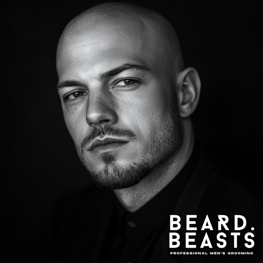 Black and white portrait of a confident man with a bald look, sharp facial features, and a well-groomed beard, highlighting the contrast in the buzz cut vs bald debate. His intense gaze and defined jawline enhance the bold, masculine appeal of a clean-shaven head. The smooth scalp and dark background emphasize the sophistication of the bald look, making it a strong alternative to a buzz cut.