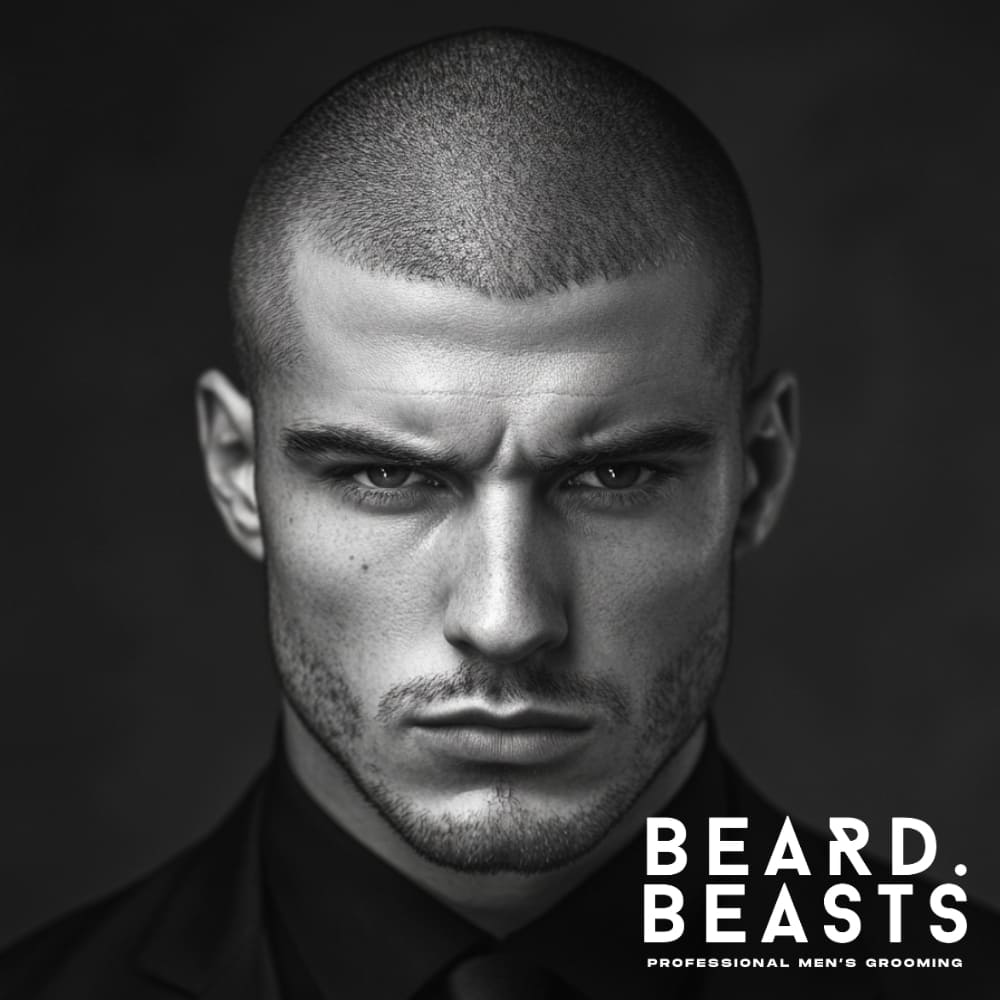 Black and white portrait of a serious-looking man with a sharp haircut, intense gaze, and light stubble, wearing a black suit and tie. The image features a dark background, emphasizing his strong facial features. The 'Beard Beasts' logo and tagline, 'Professional Men's Grooming,' are positioned in the lower right corner.