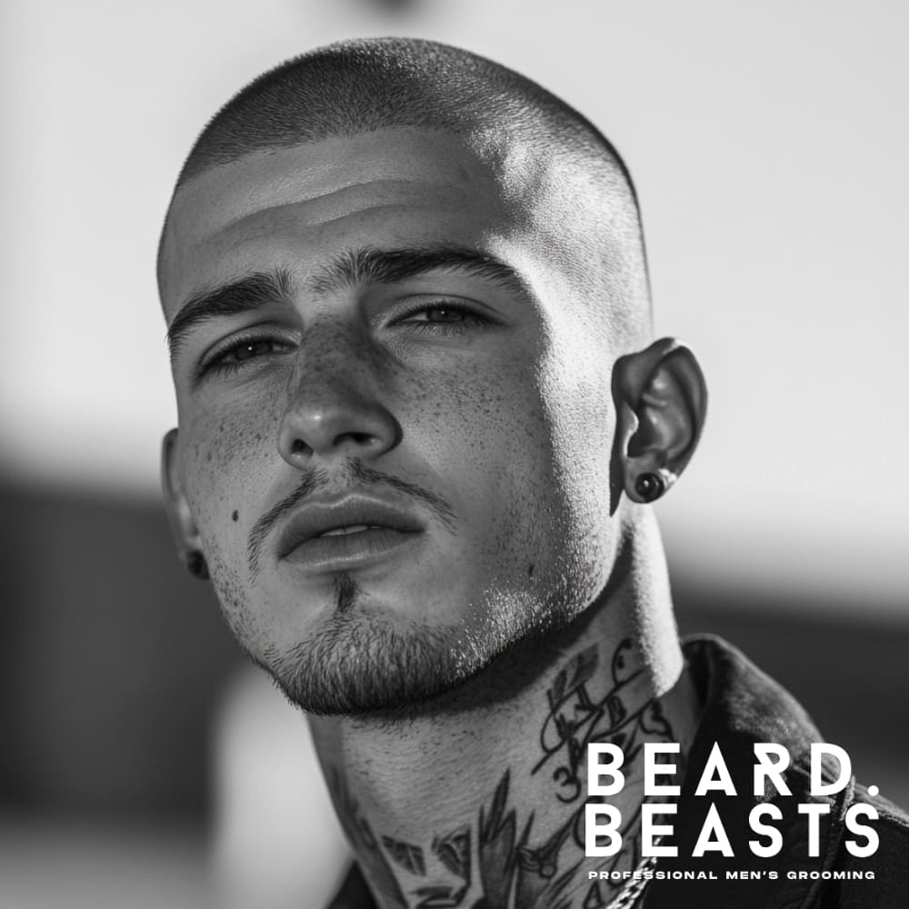 Black and white close-up portrait of a young man with a sharp buzz cut, light stubble, and a defined jawline, exuding confidence. His skin has natural freckles, and he sports a subtle goatee and a tattooed neck, enhancing his bold, edgy appearance. He wears a dark jacket and an earring, with a blurred background emphasizing his features.