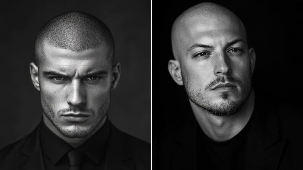 Black and white side-by-side comparison of a buzz cut vs bald look, featuring two confident men with sharp facial features and well-groomed beards. The left image showcases a man with a buzz cut, highlighting a structured, masculine style, while the right image presents a man with a bald look, emphasizing a clean, bold appearance. Both styles enhance strong jawlines and facial symmetry, demonstrating the versatility of each option. This visual contrast aligns with the buzz cut vs bald debate, helping men decide which look suits them best.