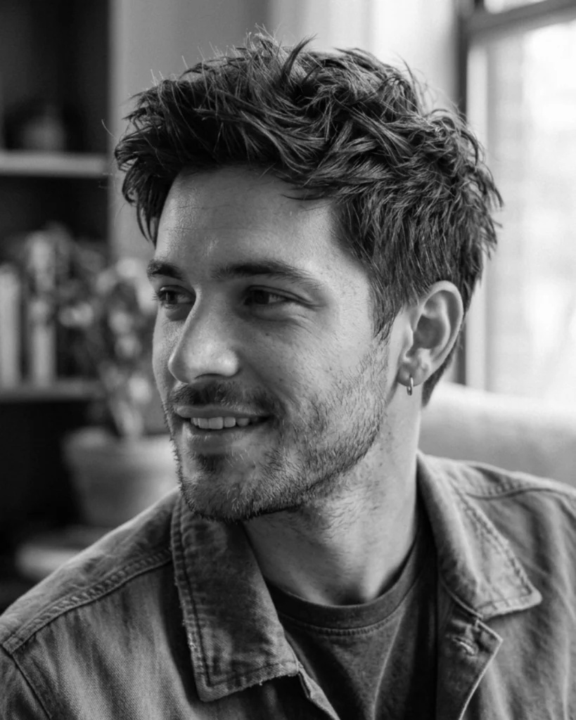 Man with a textured matte hairstyle showing how sea salt spray can reduce shine without making the hair look dull.