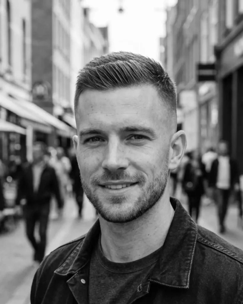 Man with a crew cut and mid skin fade, showing short hair on top with faded sides and a short beard.