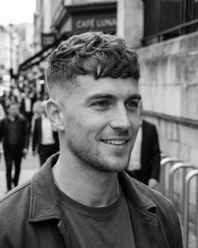 Man with a French crop and mid skin fade, showing short textured hair on top with faded sides.