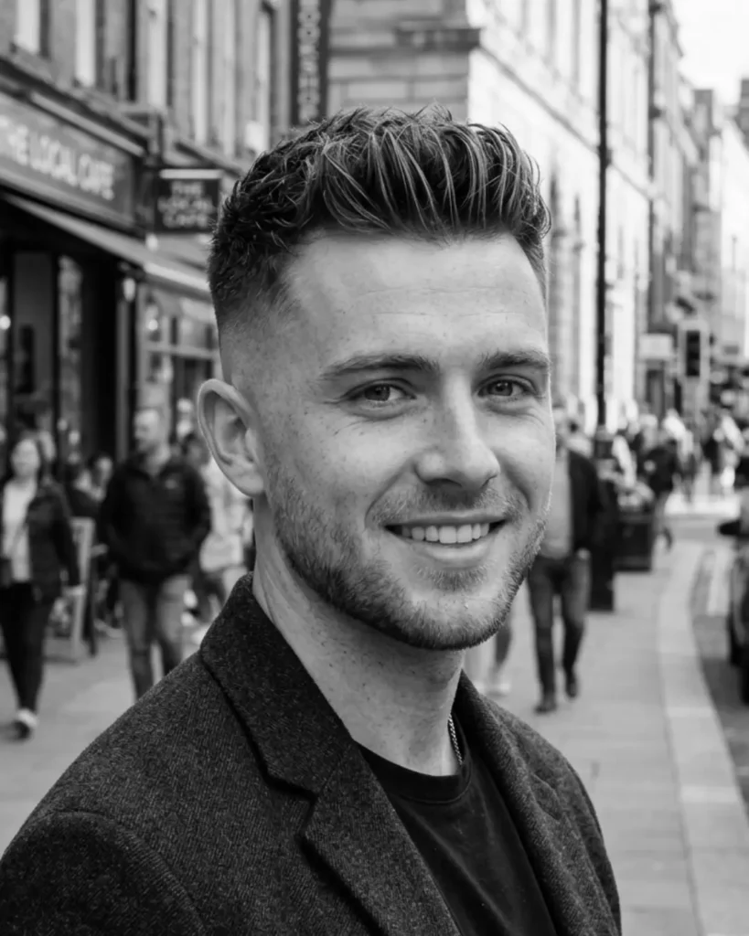 Man with short quiff and mid skin fade, showing how lifted hair on top works with faded sides and a short beard.
