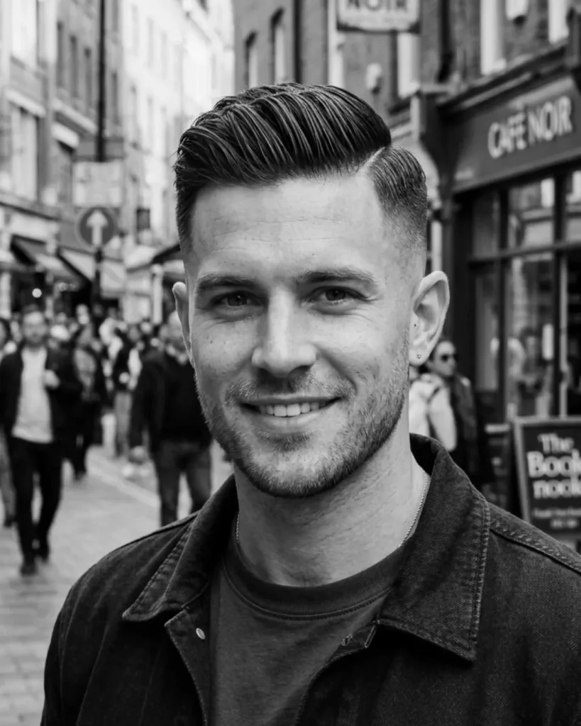 Man with slicked back hair, side part and mid skin fade, showing how longer hair on top works with faded sides.
