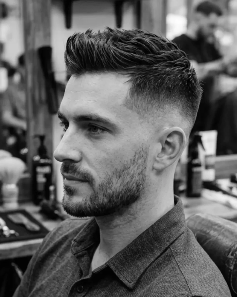 Man with textured hair on top and a mid skin fade, showing how the top length needs to match the fade height.